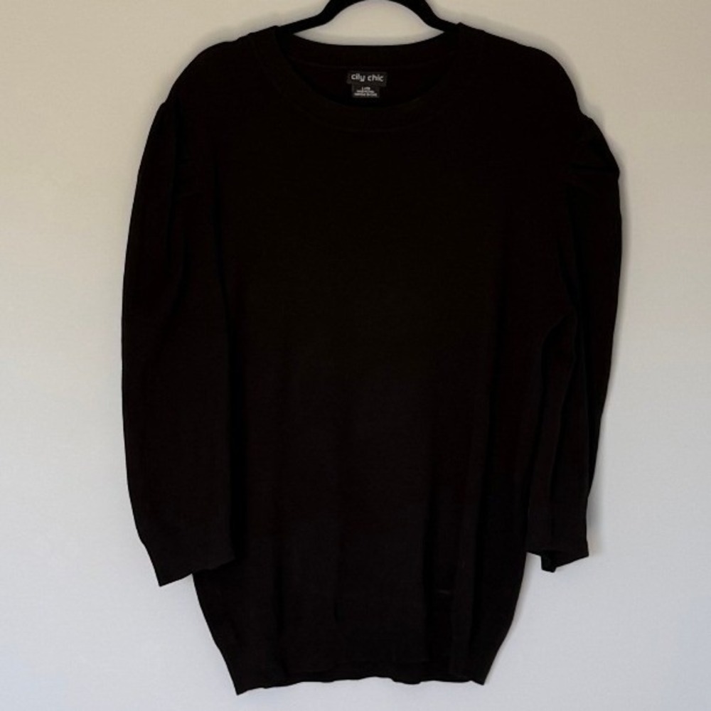 City Chic Black Puff Shoulder Knit Sweater Crew Neck L 20 00216145